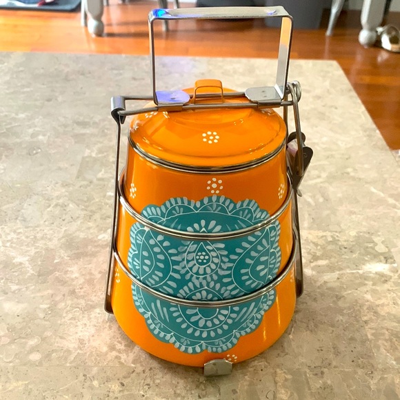 Globein Orange Turquoise Enamel Stackable Locking Camping Portable Lunch Box - Picture 1 of 7
